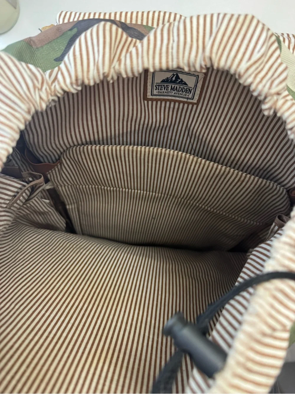 Steve Madden Camo Canvas Backpack with Brown Suede Straps